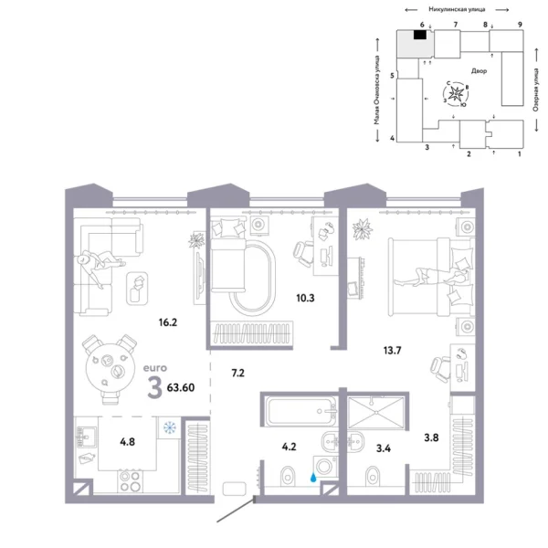 Новая 3-к квартира
 63.6 м² на 29/30 этаже в ЖК «Страна.Озёрная» в городе Тюмень 