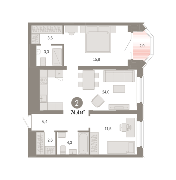 Новая 2-к квартира
 74.4 м² на 10/24 этаже в ЖК «На Некрасова» в городе Тюмень 