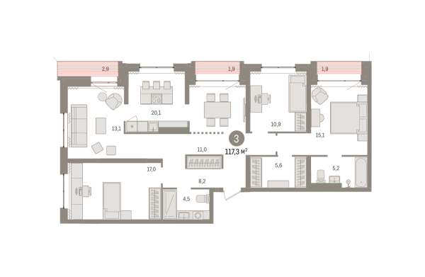 Новая 4-к квартира
 117.34 м² на 2/9 этаже в ЖК «Новин» в городе Тюмень 