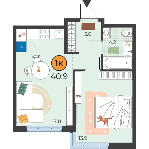 Новая 1-к квартира
 40.9 м² на 4/25 этаже в ЖК «Корней» в городе Тюмень 