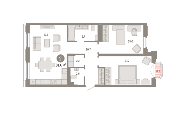 Новая 2-к квартира
 81.6 м² на 6/9 этаже в ЖК «На Некрасова» в городе Тюмень 