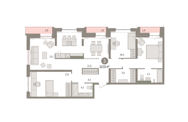 Новая 4-к квартира
 117.48 м² на 9/9 этаже в ЖК «Новин» в городе Тюмень 