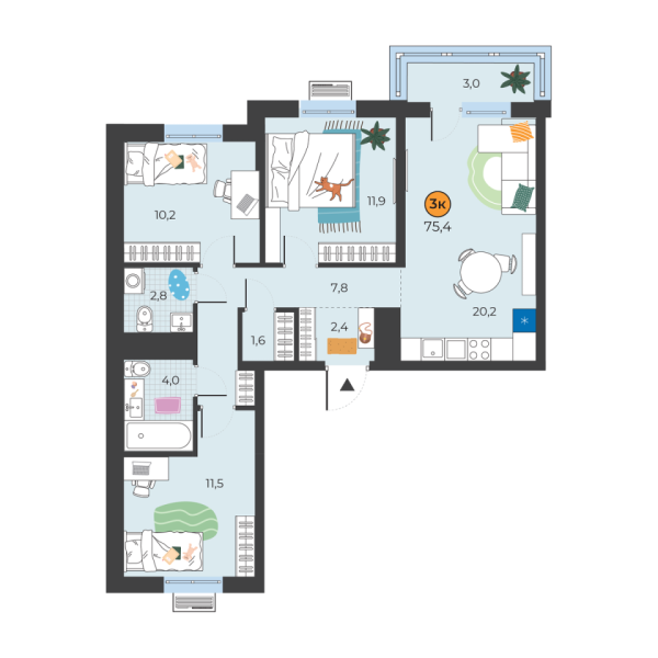 Новая 3-к квартира
 72.4 м² на 9/25 этаже в ЖК «Корней» в городе Тюмень 