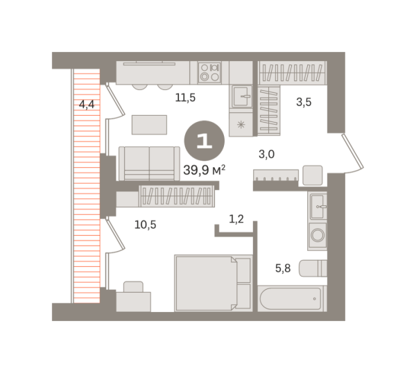 Новая 1-к квартира
 39.92 м² на 14/17 этаже в ЖК «Первый квартал» в городе Тюмень 