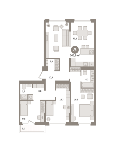 Новая 3-к квартира
 103.85 м² на 6/9 этаже в ЖК «Первый квартал» в городе Тюмень 