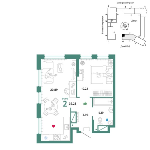 Новая 2-к квартира
 39.28 м² на 13/32 этаже в ЖК «Сибирский сад» в городе Тюмень 