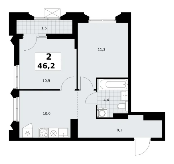 Новая 2-к квартира
 46.2 м² на 13/16 этаже в ЖК «Деснаречье» в городе Тюмень 