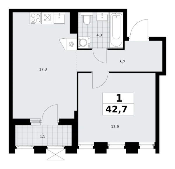 Новая 1-к квартира
 42.7 м² на 22/22 этаже в ЖК «Деснаречье» в городе Тюмень 
