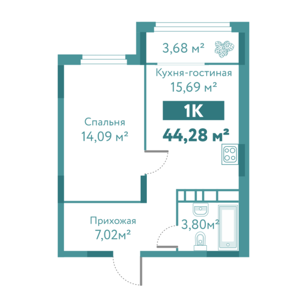 Новая 1-к квартира
 44.28 м² на 5/10 этаже в ЖК «Акватория» в городе Тюмень 