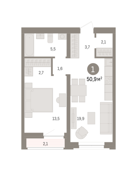 Новая 1-к квартира
 50.9 м² на 4/7 этаже в ЖК «Речной порт» в городе Тюмень 