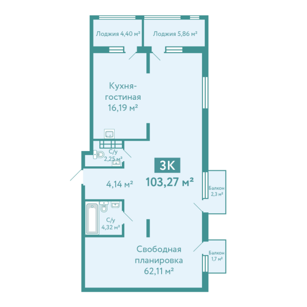 Новая квартира-студия
 103.27 м² на 10/10 этаже в ЖК «Акватория» в городе Тюмень 