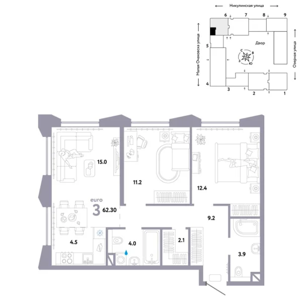 Новая 3-к квартира
 62.3 м² на 25/30 этаже в ЖК «Страна.Озёрная» в городе Тюмень 