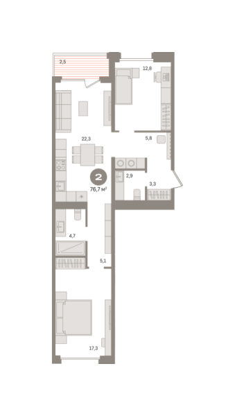Новая 2-к квартира
 76.7 м² на 3/21 этаже в ЖК «Дом «А»» в городе Тюмень 