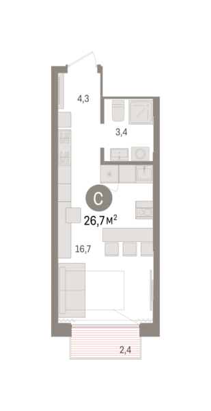 Новая квартира-студия
 26.73 м² на 15/17 этаже в ЖК «Октябрьский на Туре» в городе Тюмень 