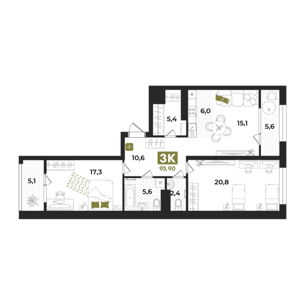 Новая 3-к квартира
 93.6 м² на 12/15 этаже в ЖК «Опера» в городе Тюмень 