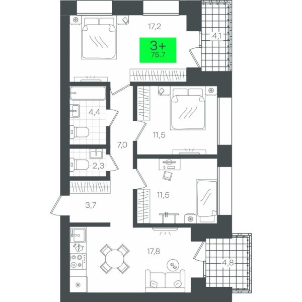 Новая 3-к квартира
 84.78 м² на 2/8 этаже в ЖК «Гранд Квартал» в городе Тюмень 