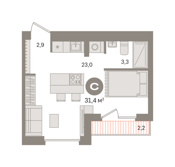 Новая квартира-студия
 31.39 м² на 8/9 этаже в ЖК «Первый квартал» в городе Тюмень 