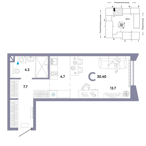 Новая квартира-студия
 30.4 м² на 27/30 этаже в ЖК «Страна.Озёрная» в городе Тюмень 