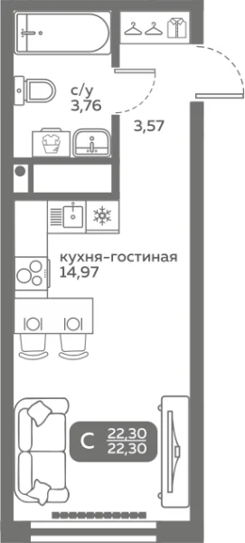 Новая квартира-студия
 22.3 м² на 7/20 этаже в ЖК «Меридиан Слобода» в городе Тюмень 