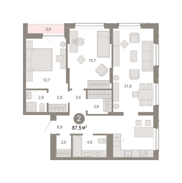 Новая 2-к квартира
 87.54 м² на 16/17 этаже в ЖК «Октябрьский на Туре» в городе Тюмень 