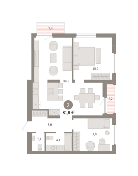 Новая 2-к квартира
 81.6 м² на 13/16 этаже в ЖК «Южные кварталы» в городе Тюмень 