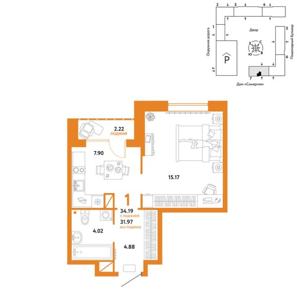 Новая 1-к квартира
 34.19 м² на 13/16 этаже в ЖК «Юнион» в городе Тюмень 