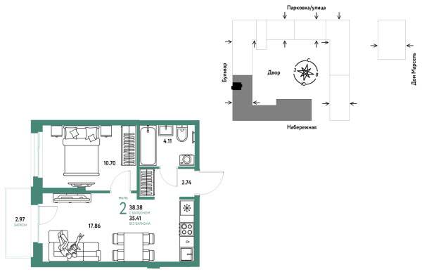Новая 2-к квартира
 38.38 м² на 8/24 этаже в ЖК «Европейский берег 2.0» в городе Тюмень 
