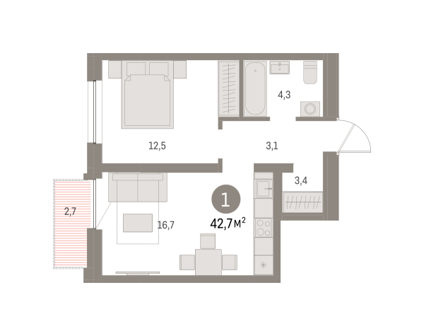 Новая 1-к квартира
 42.74 м² на 2/16 этаже в ЖК «Шишимская горка» в городе Тюмень 