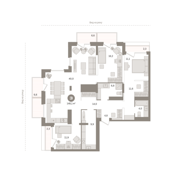 Новая 3-к квартира
 148.08 м² на 24/25 этаже в ЖК «Октябрьский на Туре» в городе Тюмень 