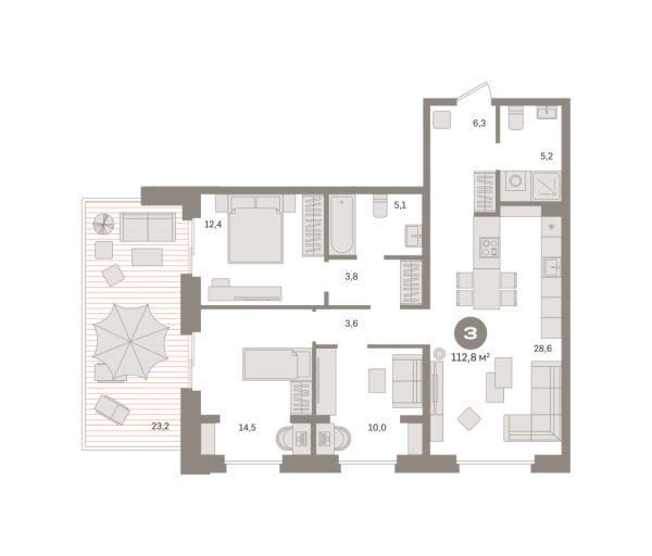 Новая 3-к квартира
 112.82 м² на 4/25 этаже в ЖК «Квартал «МОНС»» в городе Тюмень 