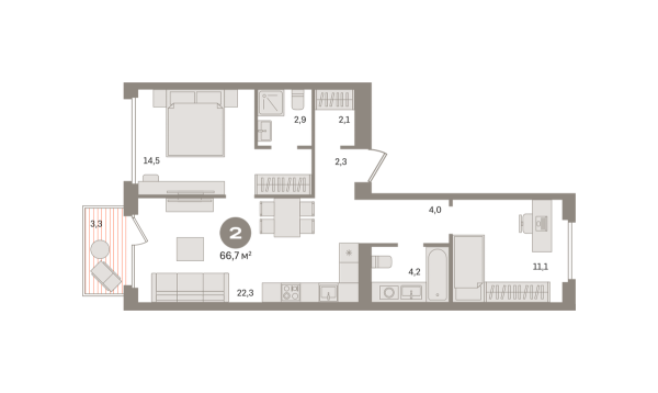 Новая 2-к квартира
 66.7 м² на 3/7 этаже в ЖК «Дом «А»» в городе Тюмень 