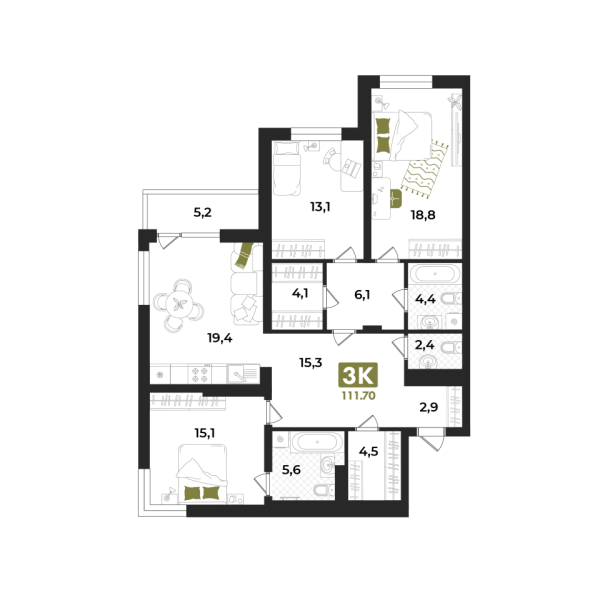Новая 3-к квартира
 111.7 м² на 9/15 этаже в ЖК «Опера» в городе Тюмень 