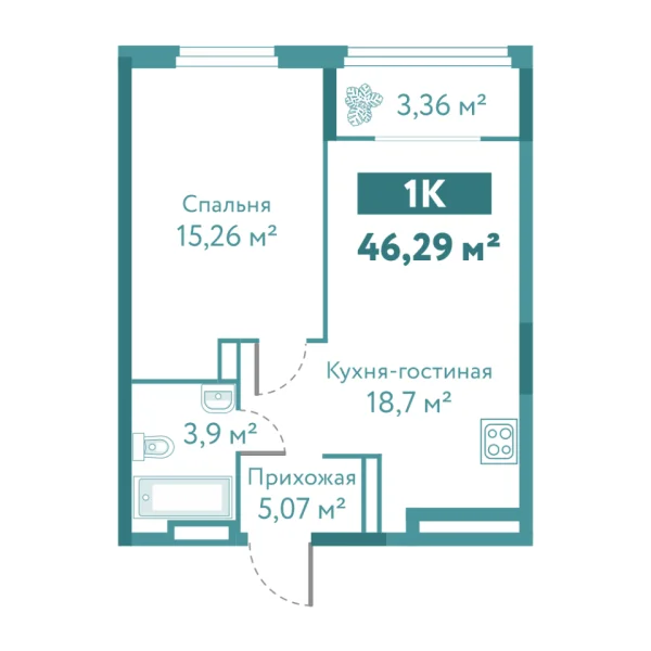 Новая 1-к квартира
 46.29 м² на 2/10 этаже в ЖК «Акватория» в городе Тюмень 