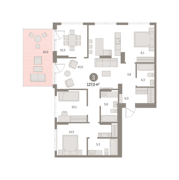 Новая 3-к квартира
 126.94 м² на 1/8 этаже в ЖК «Шишимская горка» в городе Тюмень 
