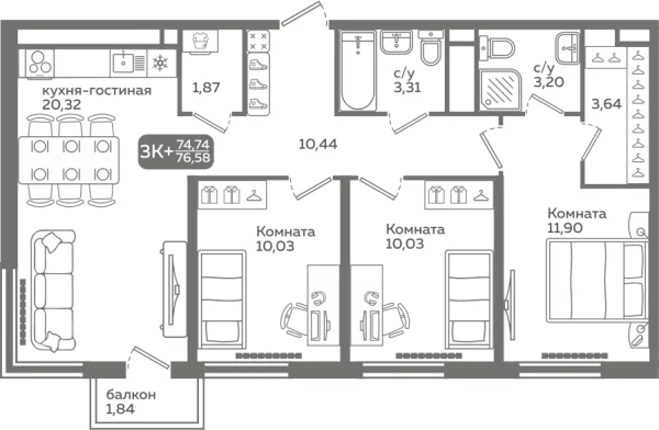 Новая 3-к квартира
 74.74 м² на 11/21 этаже в ЖК «Меридиан Слобода» в городе Тюмень 
