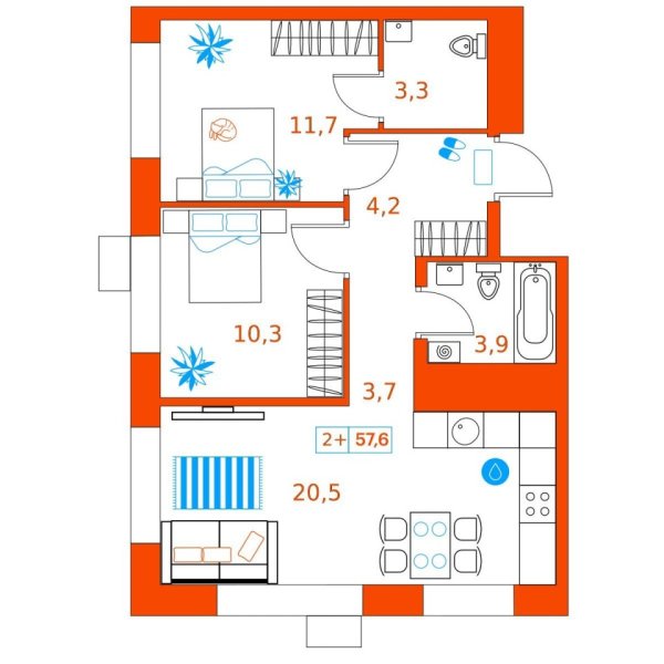 Новая 2-к квартира
 57.6 м² на 18/22 этаже в ЖК «SuperSky» в городе Тюмень 
