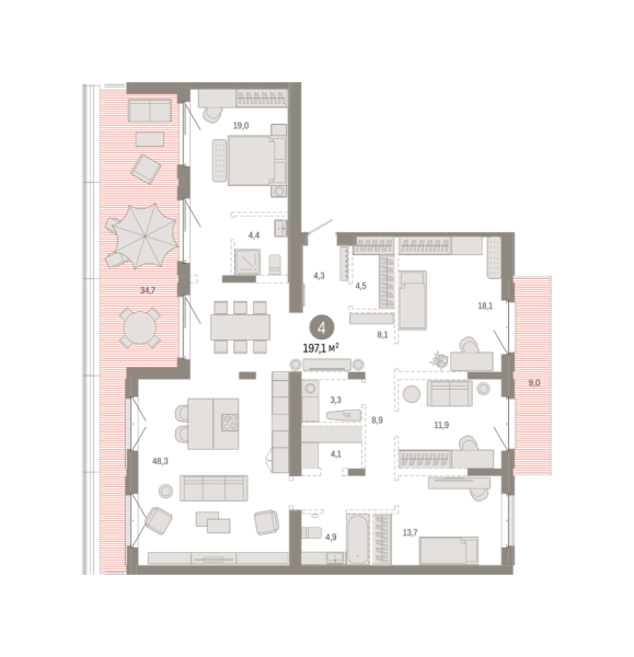 Новая 4-к квартира
 197.13 м² на 7/7 этаже в ЖК «Кварталы «На Минской»» в городе Тюмень 