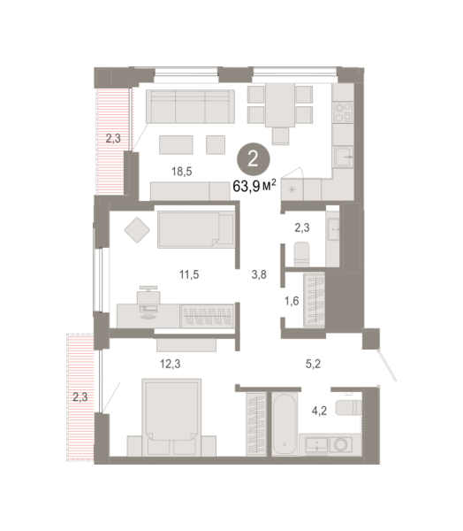 Новая 2-к квартира
 63.93 м² на 10/17 этаже в ЖК «Октябрьский на Туре» в городе Тюмень 