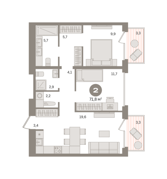 Новая 2-к квартира
 71.8 м² на 5/7 этаже в ЖК «Дом «А»» в городе Тюмень 