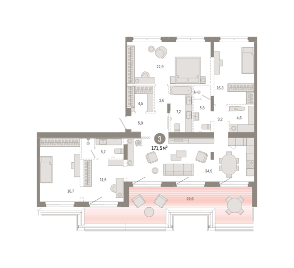 Новая 3-к квартира
 171.45 м² на 7/7 этаже в ЖК «Кварталы «На Минской»» в городе Тюмень 