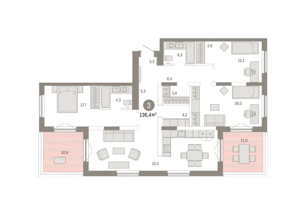 Новая 3-к квартира
 136.42 м² на 17/17 этаже в ЖК «Октябрьский на Туре» в городе Тюмень 