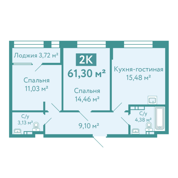 Новая 2-к квартира
 61.3 м² на 5/7 этаже в ЖК «Акватория» в городе Тюмень 