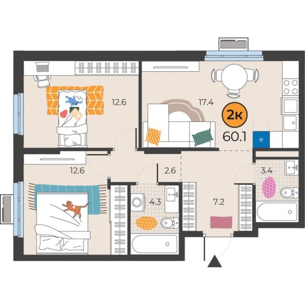 Новая 2-к квартира
 60.1 м² на 6/25 этаже в ЖК «Корней» в городе Тюмень 
