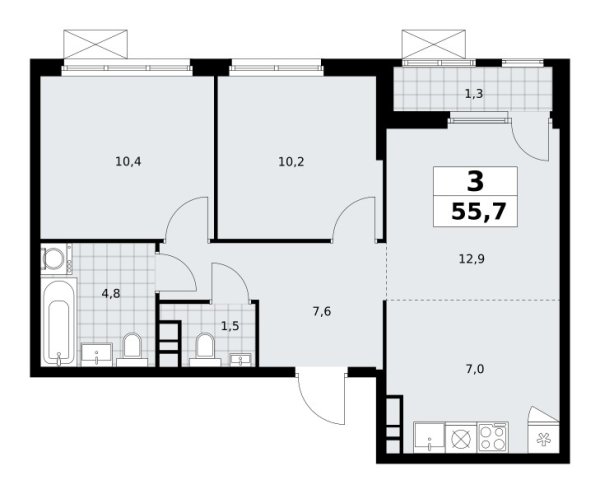 Новая 3-к квартира
 55.7 м² на 19/30 этаже в ЖК «Южные сады» в городе Тюмень 