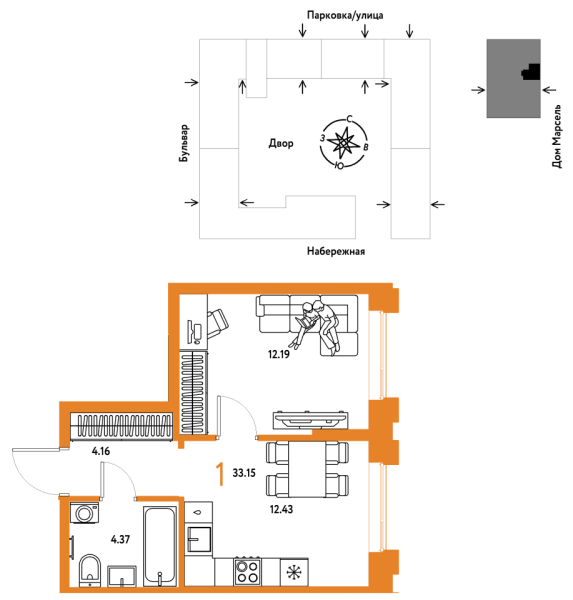 Новая 1-к квартира
 33.15 м² на 20/24 этаже в ЖК «Европейский берег 2.0» в городе Тюмень 