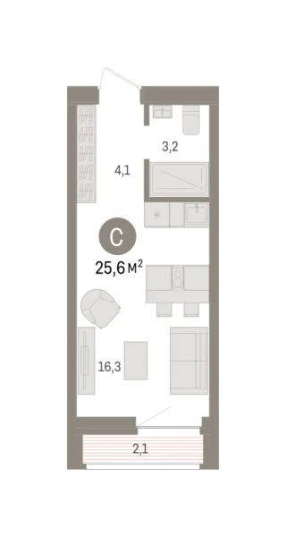 Новая квартира-студия
 25.6 м² на 3/7 этаже в ЖК «Речной порт» в городе Тюмень 