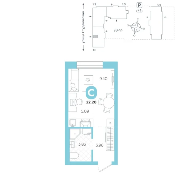 Новая квартира-студия
 22.28 м² на 15/25 этаже в ЖК «Тёплые кварталы» в городе Тюмень 