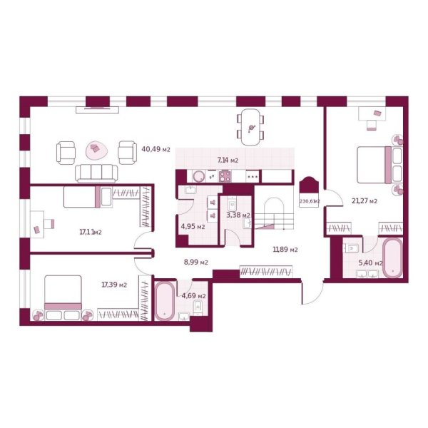 Новая 3-к квартира
 230.61 м² на 5/6 этаже в ЖК «Secret Place» в городе Тюмень 
