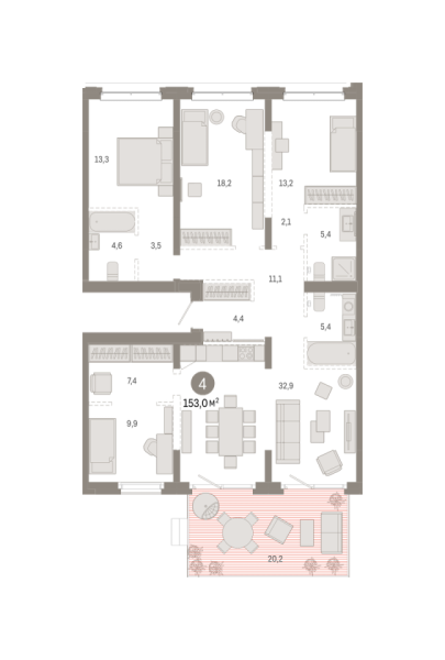 Новая 4-к квартира
 152.95 м² на 2/7 этаже в ЖК «Кварталы «На Минской»» в городе Тюмень 
