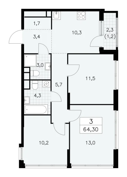 Новая 3-к квартира
 64.3 м² на 30/30 этаже в ЖК «Южные сады» в городе Тюмень 